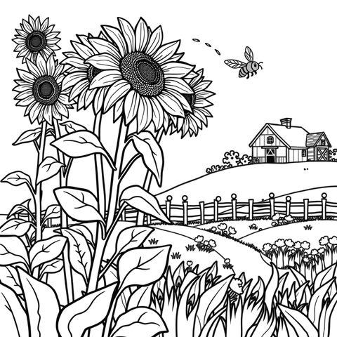 A sunflower field, a black and white coloring page