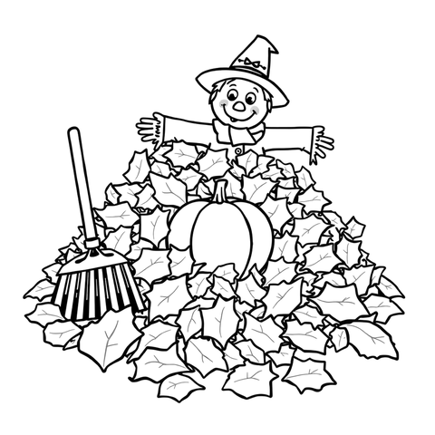 An autumn leaf pile, a black and white coloring page