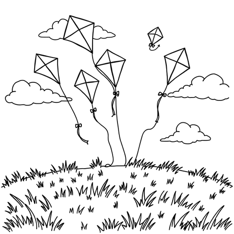 A windy kite day, a black and white coloring page