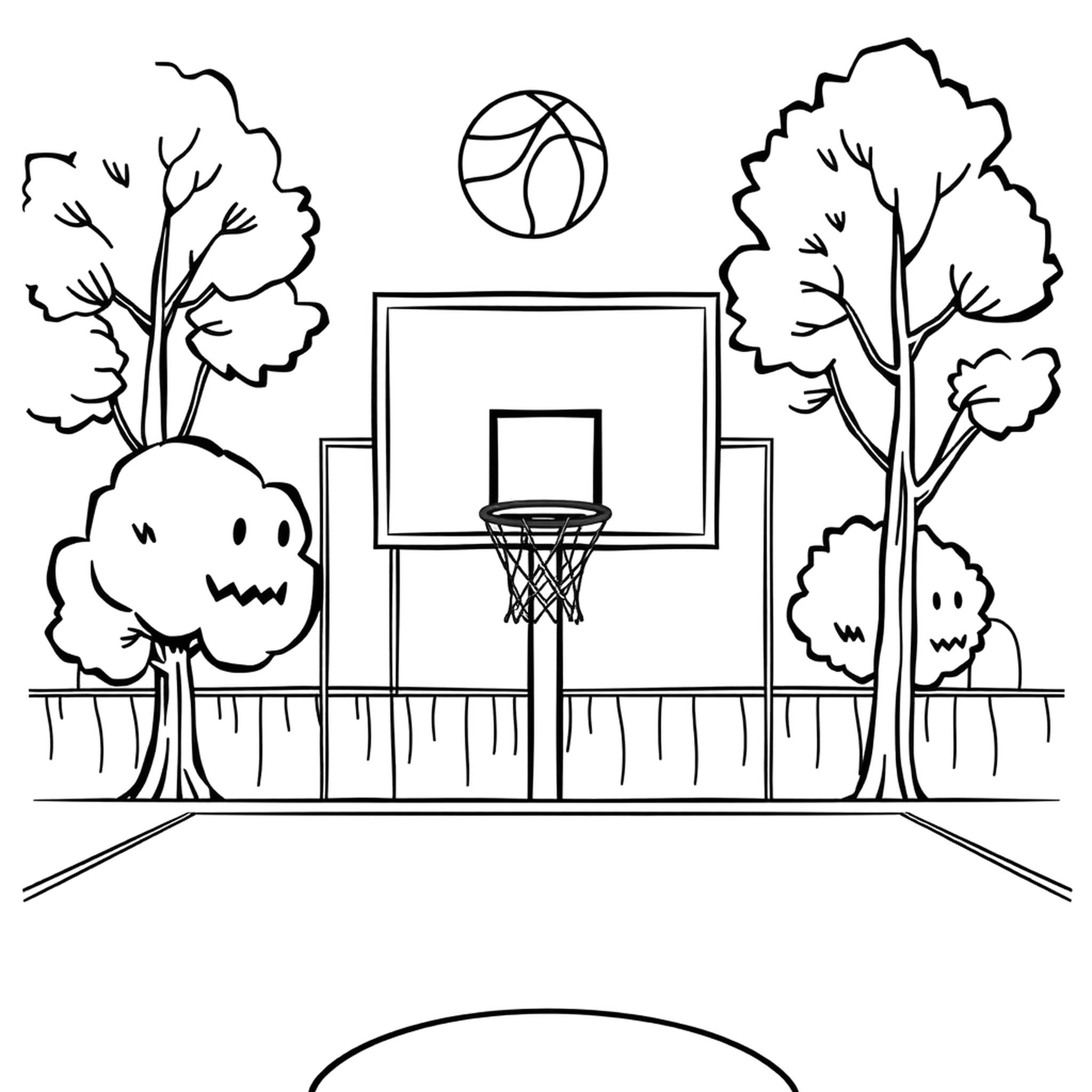 A basketball shot, a black and white coloring page