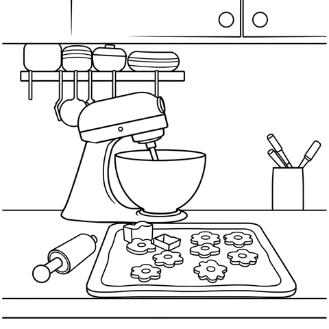Baking cookies, a black and white coloring page
