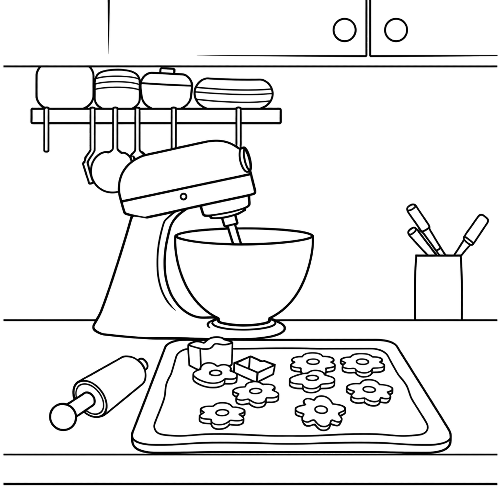 Baking cookies, a black and white coloring page