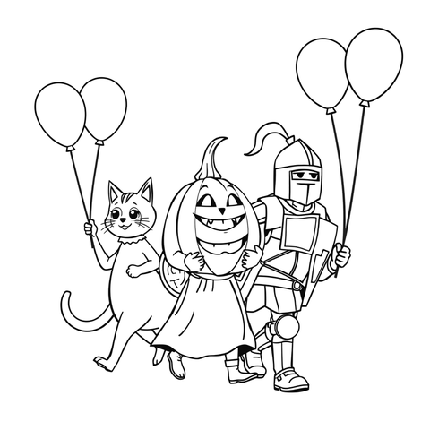 A costume parade, a black and white coloring page