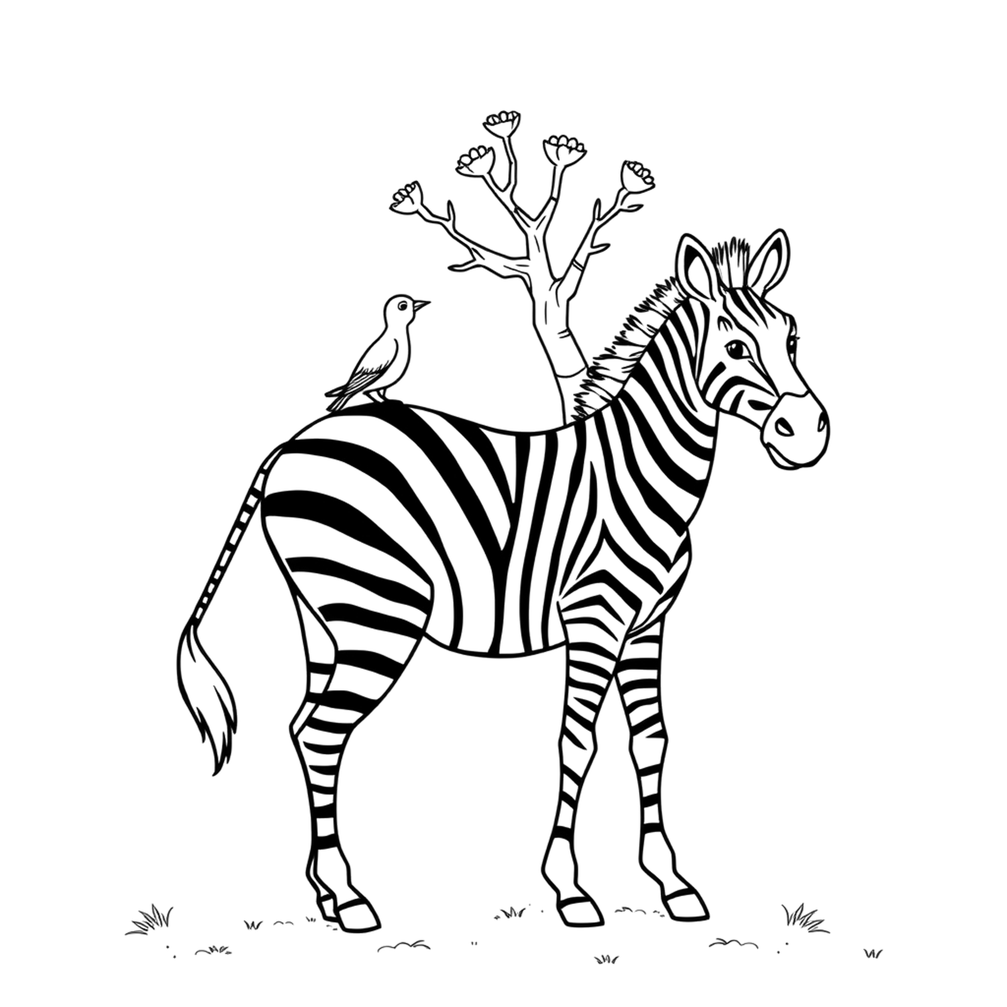 A zebra with a bird friend, a black and white coloring page