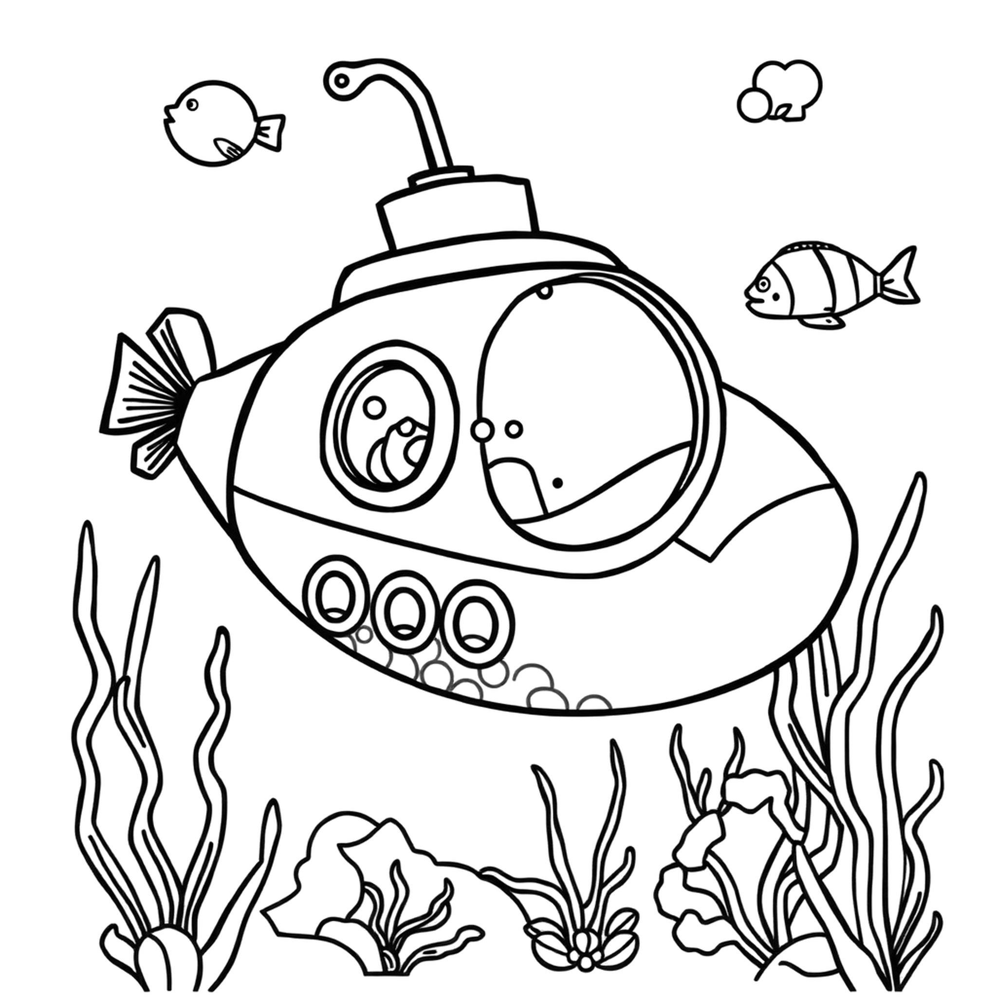 A submarine explorer, a black and white coloring page