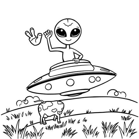 A friendly alien visit, a black and white coloring page