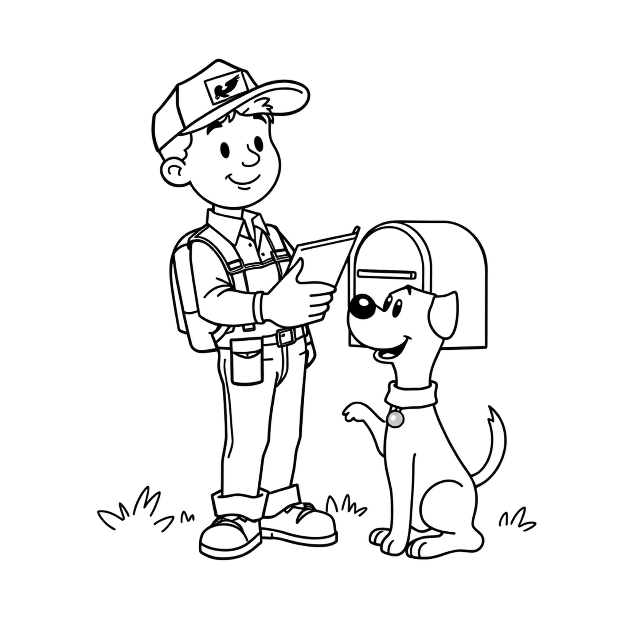 The mail carrier, a black and white coloring page