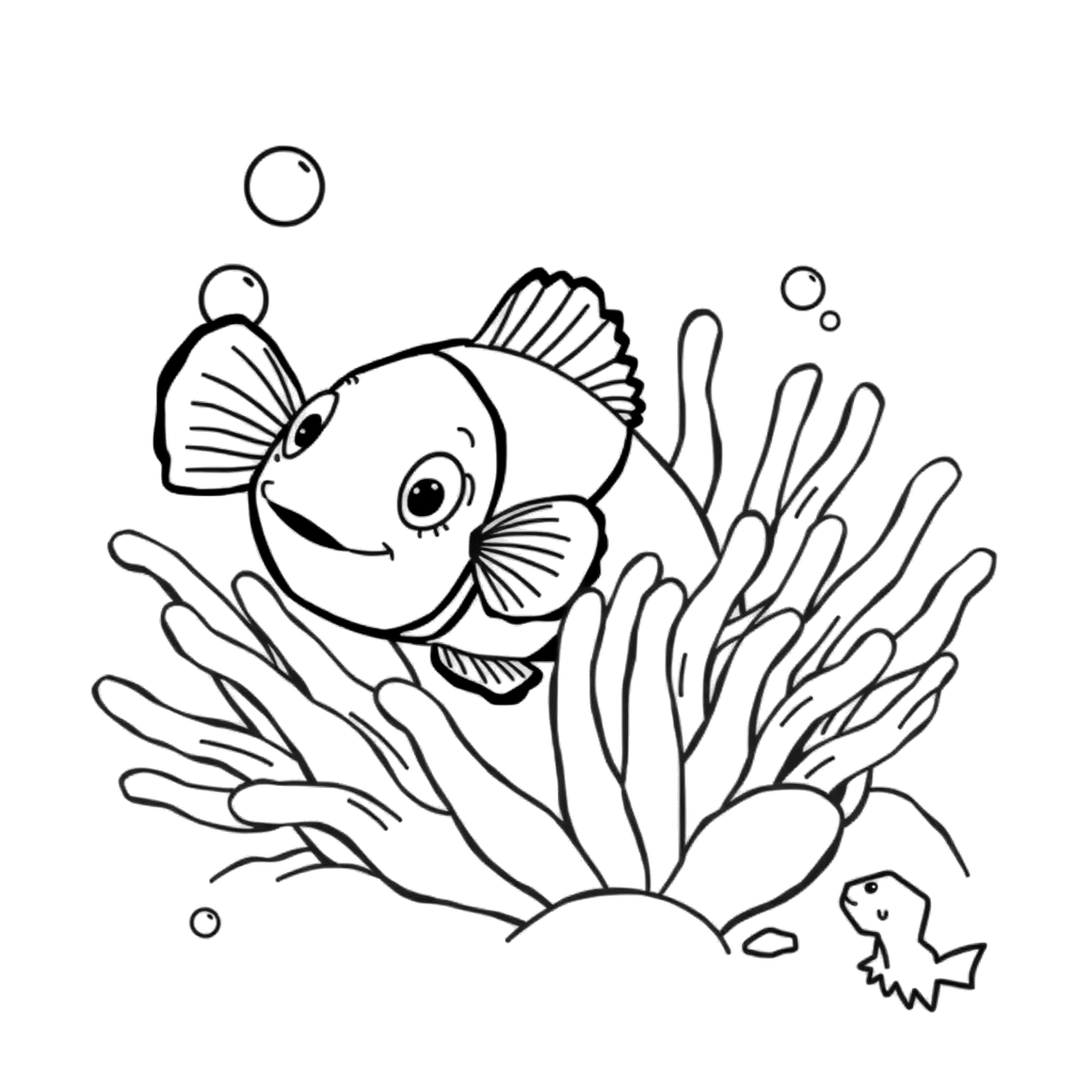 A clownfish in the anemone, a black and white coloring page