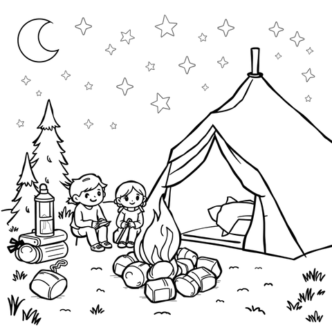 Family camping, a black and white coloring page