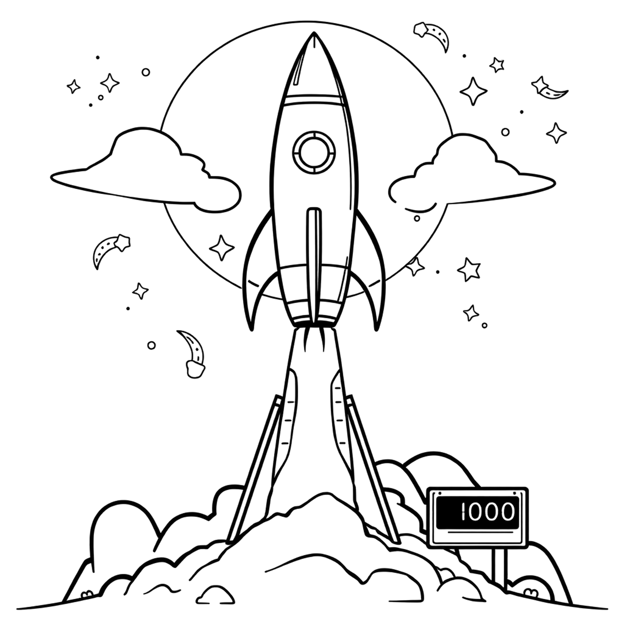 A rocket launch, a black and white coloring page