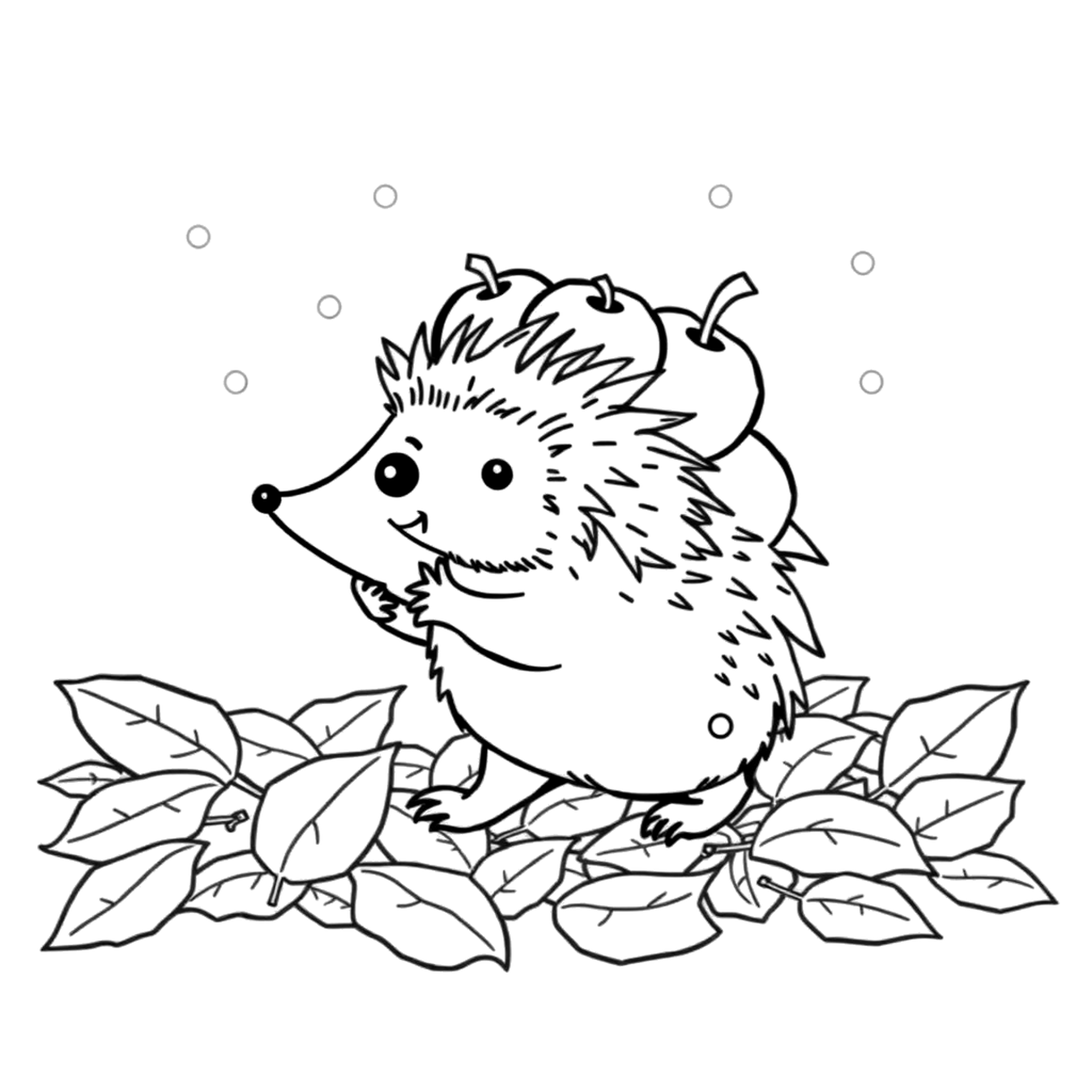 A hedgehog collecting apples, a black and white coloring page