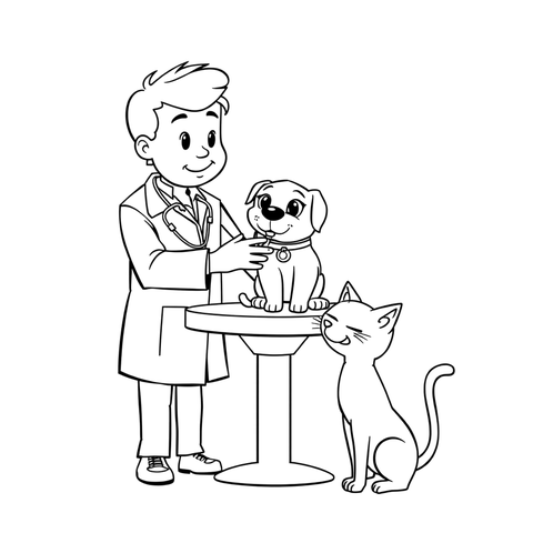A visit to the vet, a black and white coloring page