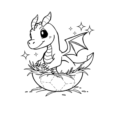 A baby dragon hatching, a black and white coloring page