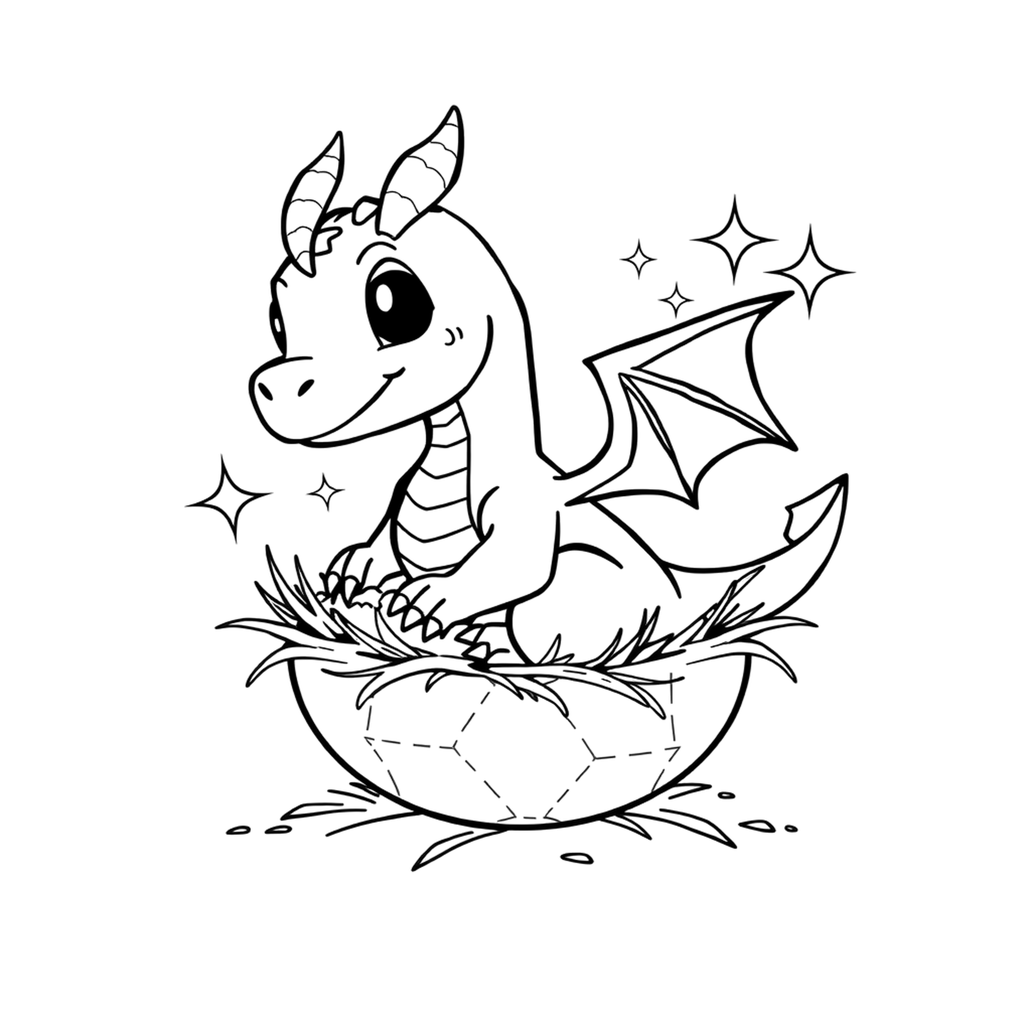 A baby dragon hatching, a black and white coloring page