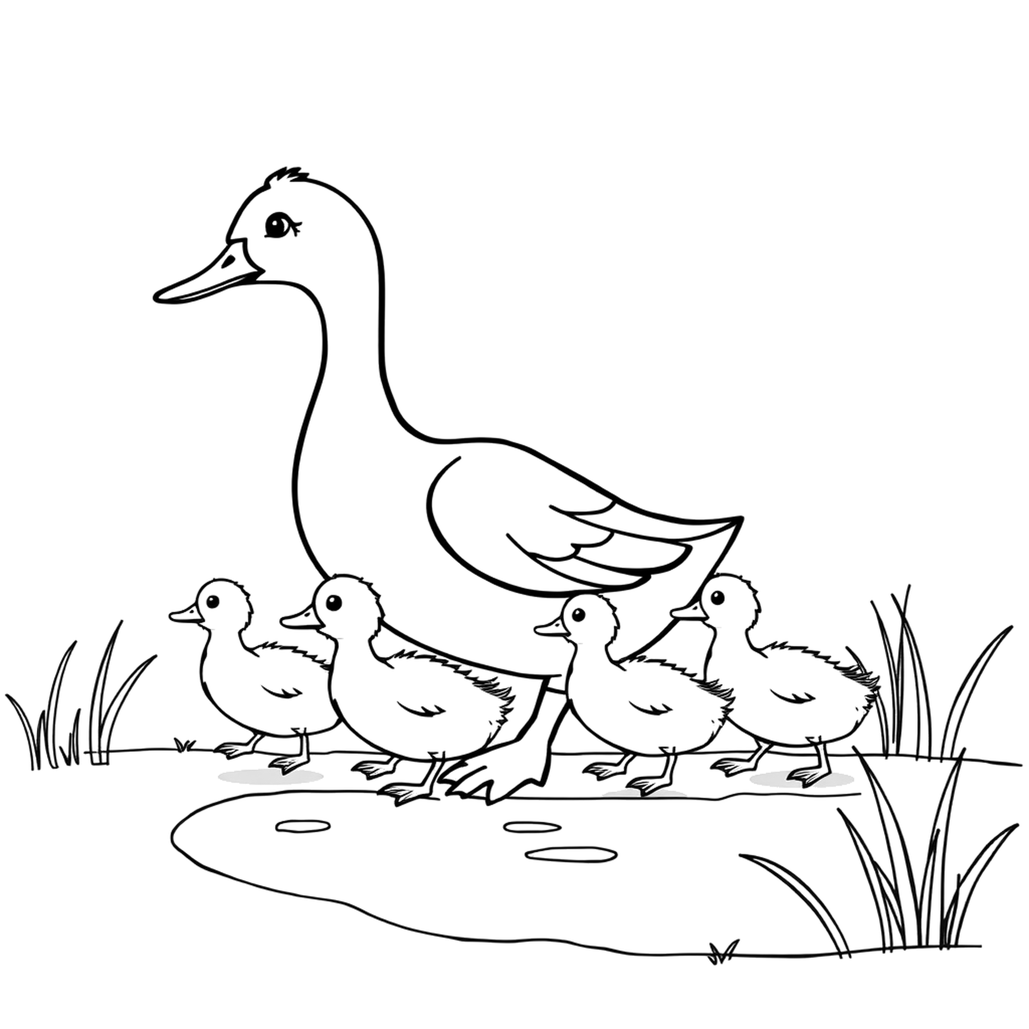 Ducklings in a row, a black and white coloring page