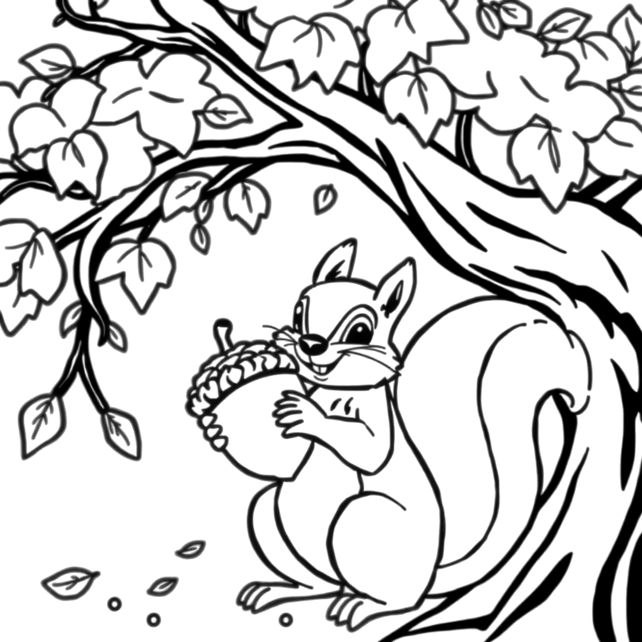 A squirrel with an acorn, a black and white coloring page