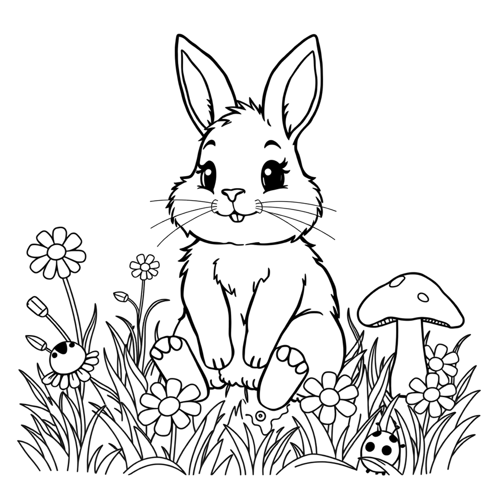 A bunny in a meadow, a black and white coloring page