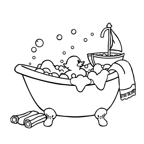 Bath time bubbles, a black and white coloring page