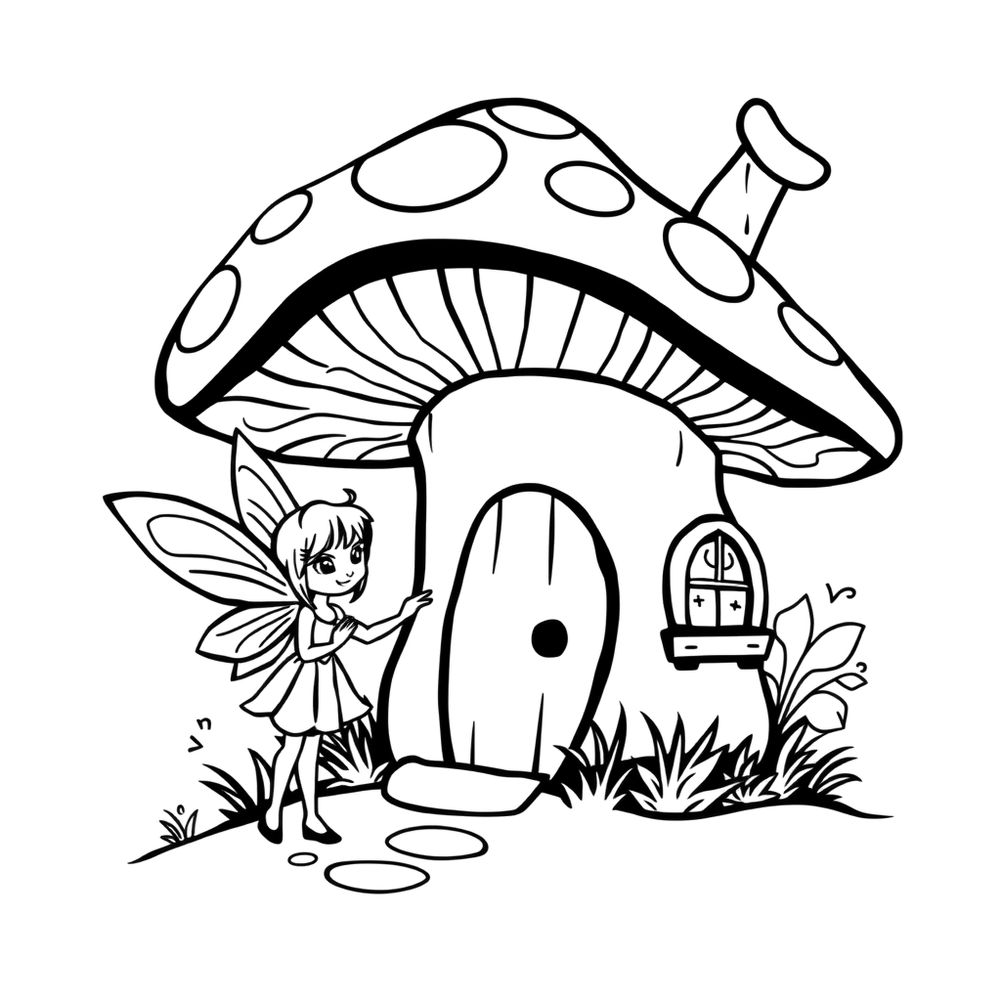 A fairy's mushroom house, a black and white coloring page